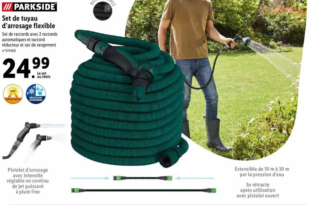 découvrez le tuyau d'arrosage extensible lidl, la solution parfaite pour un jardinage facile et efficace. léger, compact et flexible, ce tuyau s'étire jusqu'à trois fois sa longueur initiale, rendant l'arrosage de votre jardin un jeu d'enfant. profitez d'un produit de qualité à un prix abordable.